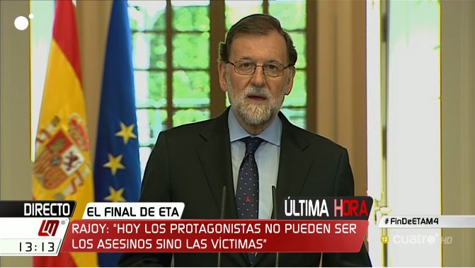 mananascuatro's tweet photo. .@marianorajoy "Desaparece ETA pero sus crímenes se seguirán investigando, sus delitos se seguirán juzgando y las condenas se seguirán cumpliendo" DIRECTO https://t.co/IgE9UjioBj #FinDeETAM4 https://t.co/p735GGikgh