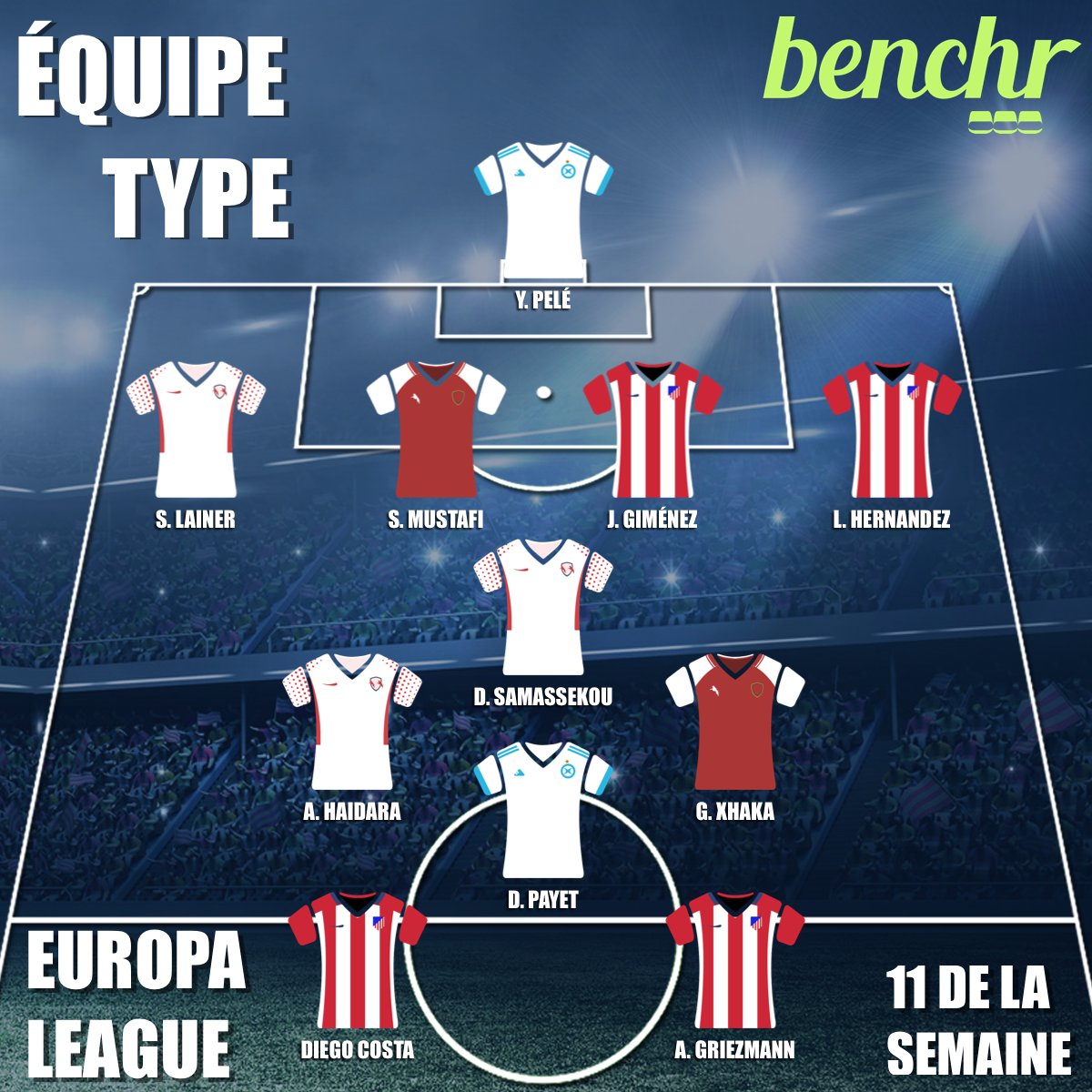 BenchrApp's tweet photo. 11 #Benchr de ces 1/2 retour historiques d'@EuropaLeague 😍

Y. Pelé 🇫🇷
S. Lainer 🇦🇹 @MustafiOfficial 🇩🇪 @JoseMaGimenez13 🇺🇾 @TheoHernandez 🇫🇷
A. Haidara 🇲🇱 @dimpayet17 🇫🇷 @diadios 🇲🇱 G. Xhaka 🇨🇭
@AntoGriezmann 🇫🇷 @diegocosta 🇪🇸 https://t.co/uWsozZ0tBD