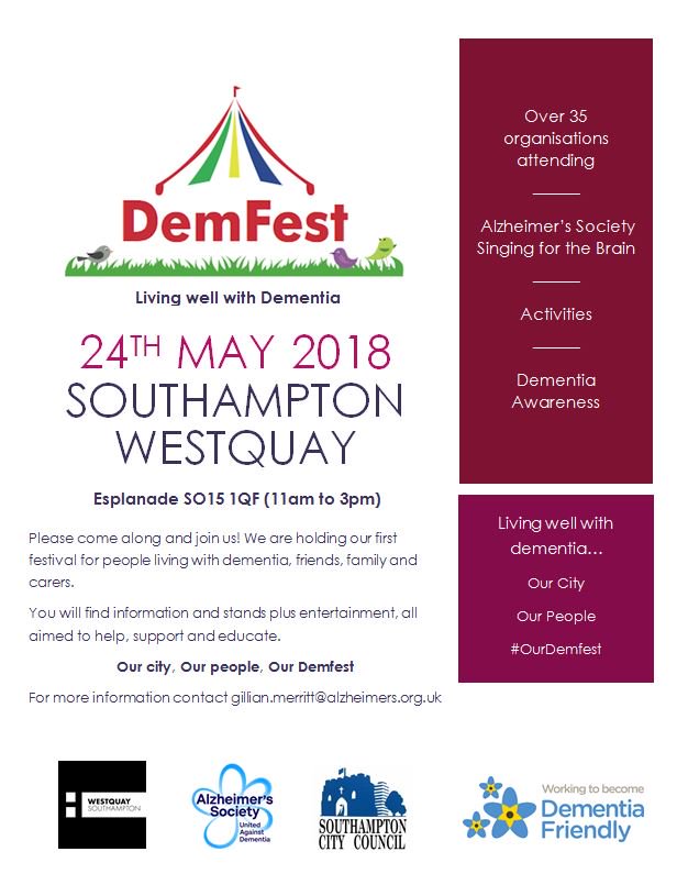 Mayflower_Court's tweet photo. We will be supporting Southampton's first Dementia Festival outside @Westquay Esplanade on 24th May 2018. There will be lost of information available aimed to help, support and educate @alzheimerssoc @DFPortswood #DemFest2018 #DemFest #Southampton #OurDemFest #dementiaawareness https://t.co/4Rk7R6I6xi
