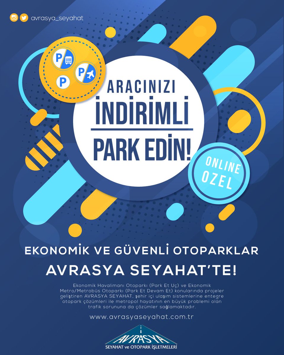 Aracınızı online rezervasyonu özel, indirimli park edin! Ekonomik ve güvenli otoparklar Avrasya Seyahat'te!
#ekonomikotopark #otopark #parketuc #parketdevamet #avrasyaseyahat