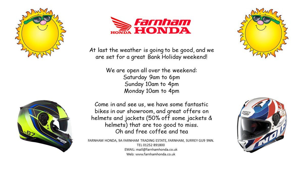 Great weather for bikers this weekend! Why not come and see us and the great bikes we have in the Showroom, as well as fantastic offers on some of our helmets and jackets. We are open Saturday, Sunday and Monday - come and have a coffee and a chat to the team!