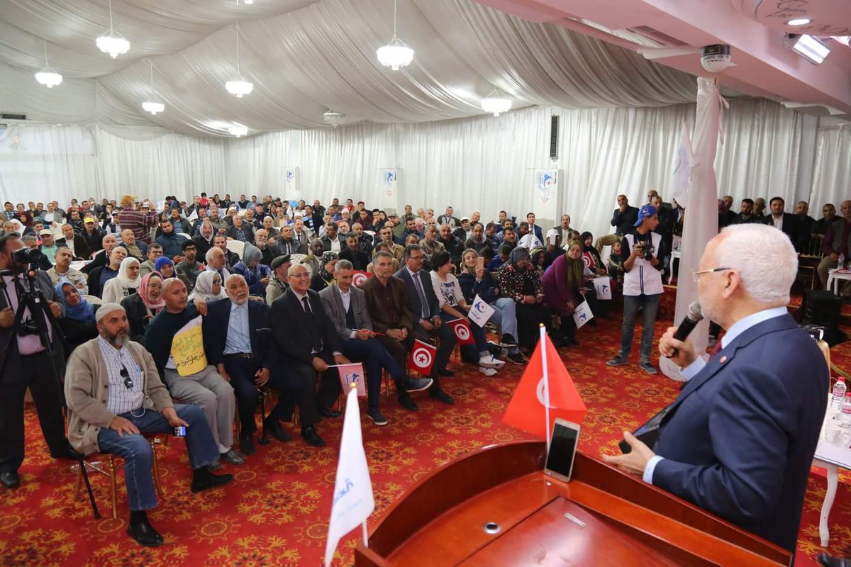 EnnahdhaParty's tweet photo. Public meeting in #Raoued with #Ennahdha president @R_Ghannouchi and the Party’s candidates for the 6 May municipal elections 
#Tunisia #tunisiaElections #TnMunicipales18 https://t.co/HLg9xXIL5G