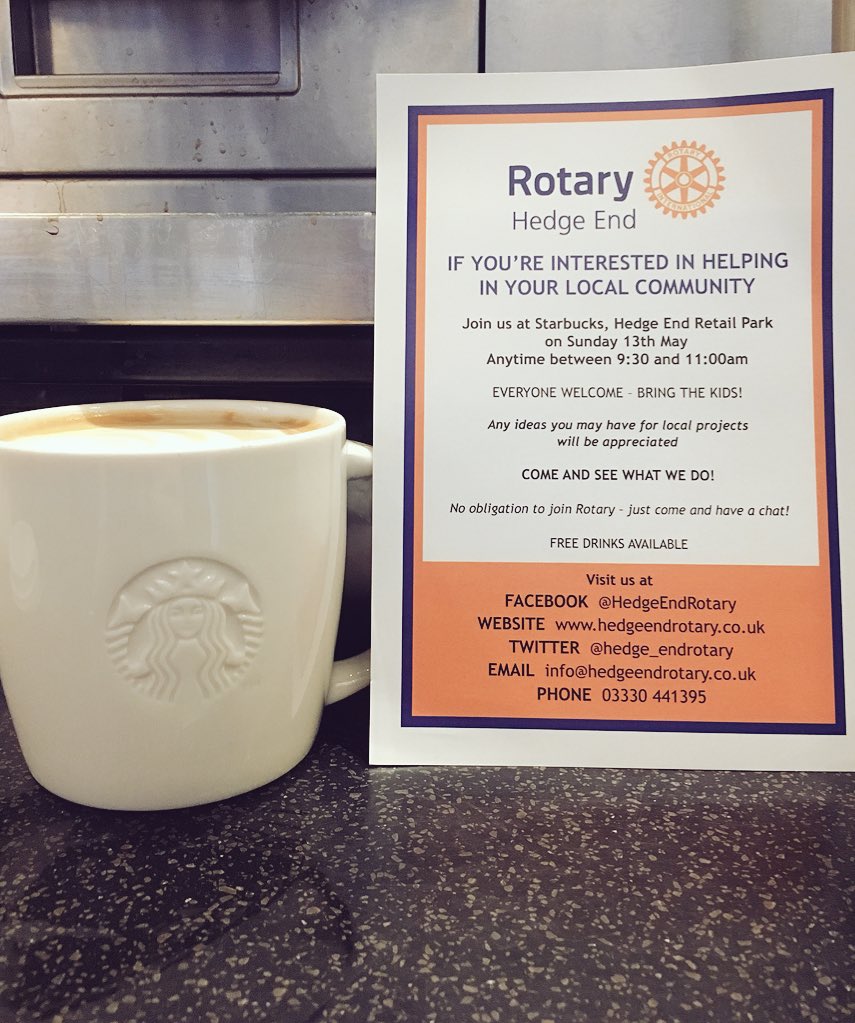Pop down on Sunday 13th May and join <a href="/hedge_endrotary/">Hedge End Rotary</a> for a coffee and a chat about our community
