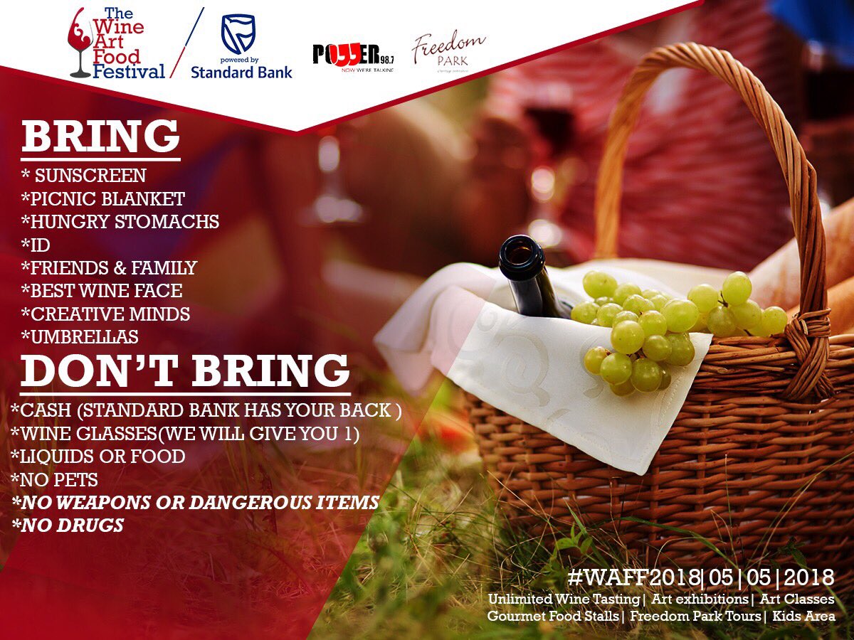 Waff_2018's tweet photo. We hope you are all getting ready for tomorrow’s Wine Art Food Festival powered by @StandardBankZA 🍷💃🏻Here’s some Do’s and Dont’s on what to bring! See you there!🙌🏻 #WAFF2018 https://t.co/oauO8xaoZ8