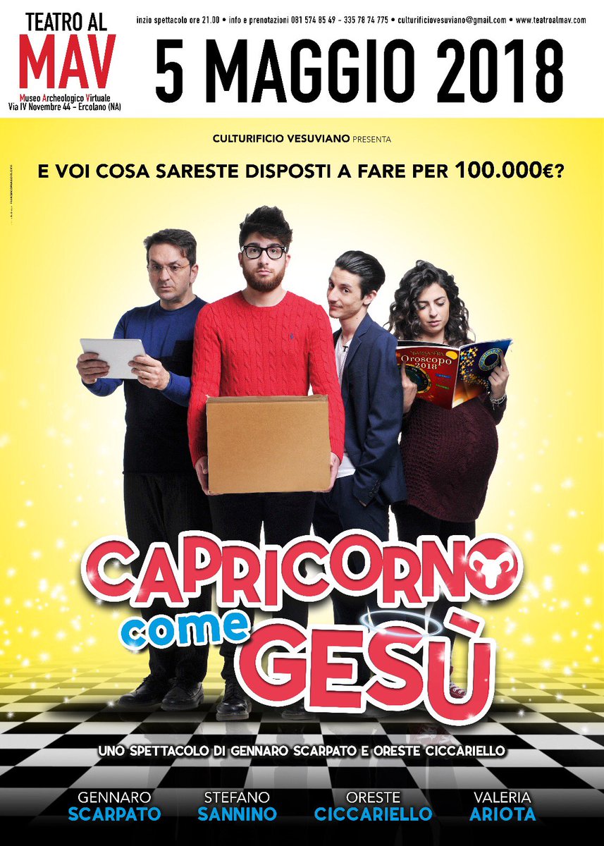 MalinComici's tweet photo. Domani sera si replica al Teatro MAV di Ercolano. Vi aspettiamo! #capricornocomegesù 🎭
E voi cosa siete disposti a fare per 100.000€? 
Retwittiamo le risposte più divertenti! 😂 https://t.co/gEbHAM7ufn