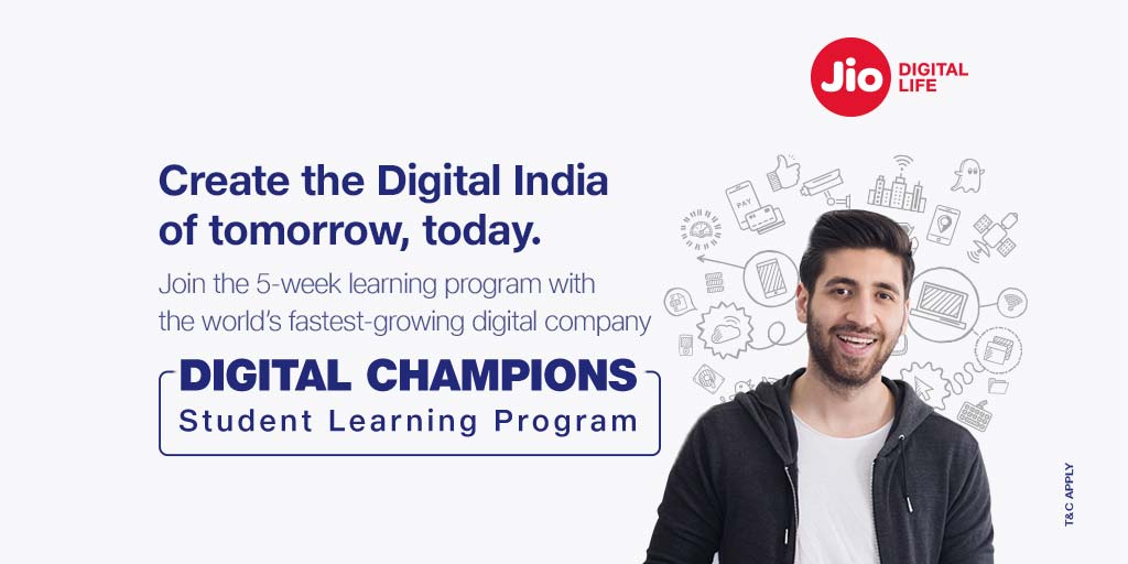 reliancejio's tweet photo. ‘Digital Champions’ wanted for a 5-week Student Learning Program by Jio to create the Digital India of tomorrow. 
Know more - https://t.co/EKwODI1lEa https://t.co/UJ2CFIyoJ0
