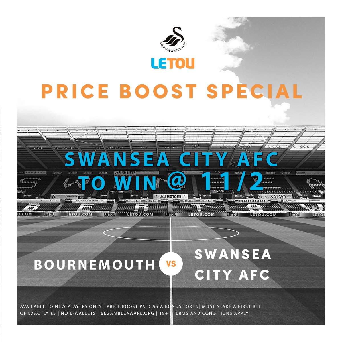 LetouSports's tweet photo. A battle in Bournemouth is on the cards for #Swans this weekend... 

Fancy the #Jacks to bag the win? Get @swansofficial to beat The Cherries @ 11/2 with our Price Boost Special - Live now @ https://t.co/ArFskCcVps 💪

(Full terms: https://t.co/Kr9dGxKigk) https://t.co/tLU25G6qY4