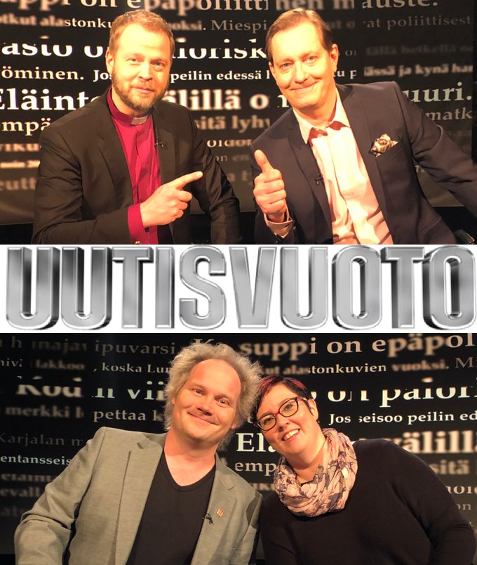#Uutisvuoto lauantaina <a href="/YleTV1/">Yle TV1</a> klo. 21.15. Mukana menossa @KyllonenMerja, <a href="/teemulaajasalo/">Teemu Laajasalo</a>, @babalybeck <a href="/Janicky/">Jani Halme</a> ja <a href="/AhomaaPetteri/">Petteri Ahomaa</a>. Aiheina ainakin hillitty nuoriso ja ABBAn paluu.
