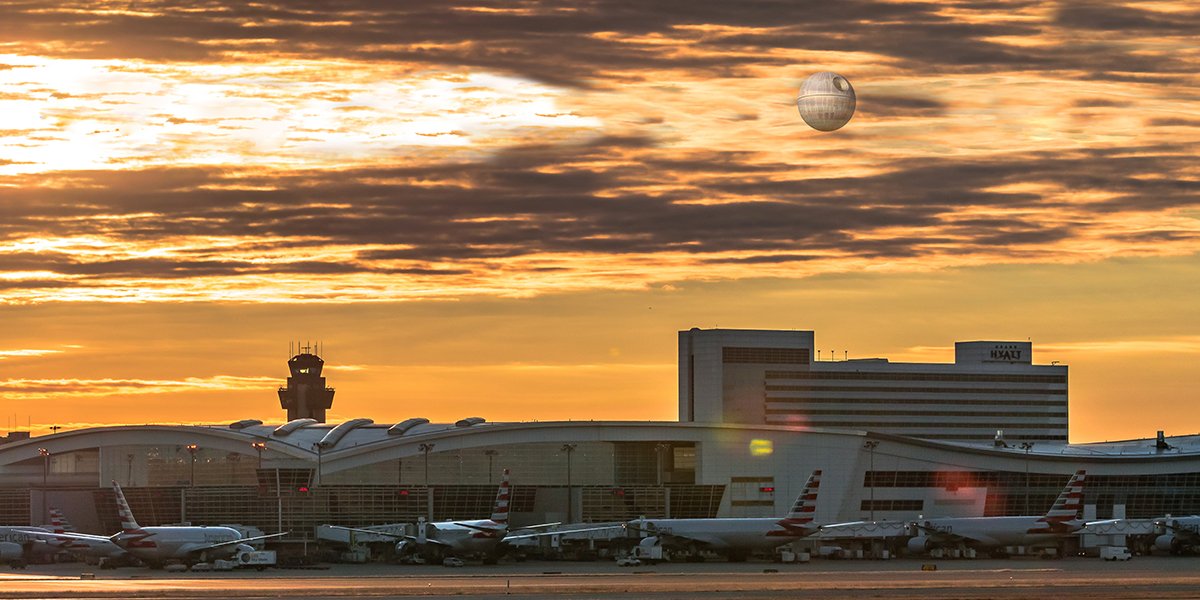 DFWAirport's tweet photo. The moon looks a little different this morning. 🤔 
#StarWarsDay #MayThe4thBeWithYou https://t.co/JypPIOKfY8