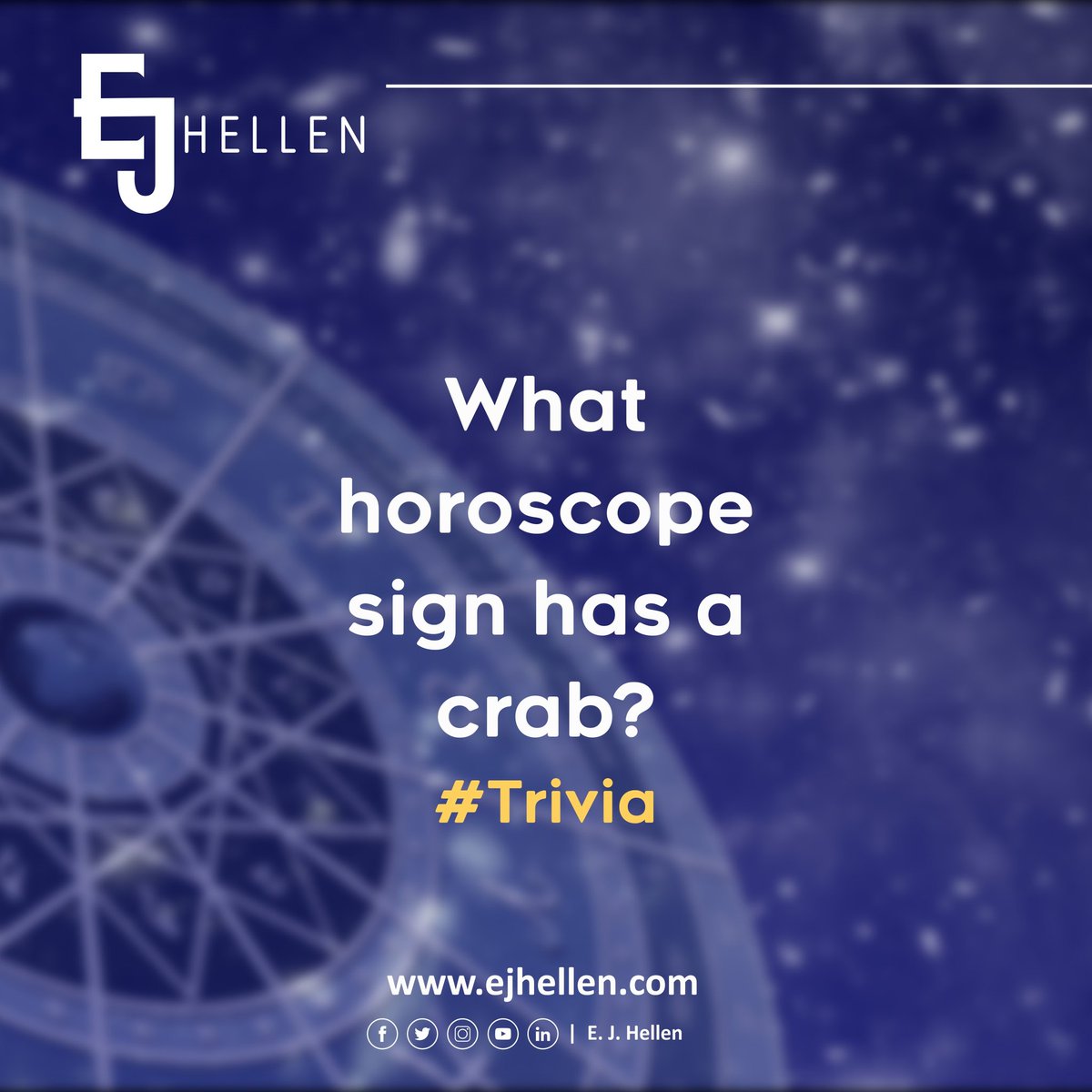Here's our Friday trivia😊
Let's see who gets it first. 
What horoscope sign has a crab? 
#ejhellen #fashiondesignersinnigeria #trivia #trivianight #trivianation #allure