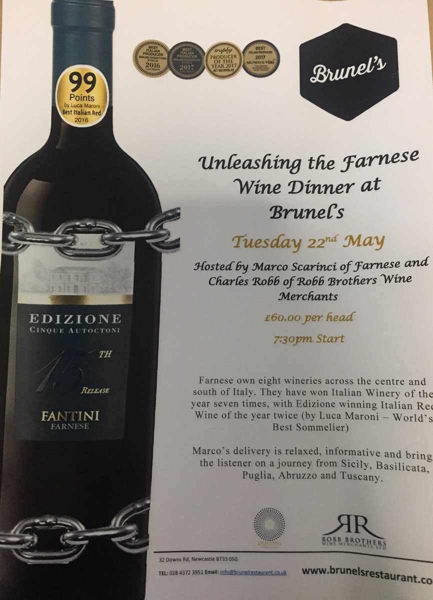 EatAtBrunels's tweet photo. Delighted to be hosting our 1st wine dinner with Farnese &amp; Robb brothers wine merchants. Limited availability. Call now to reserve a table. 02843723951 @EatAtBrunels @lesaro74 @RnRWines @Farnese #Dinner #wine #finedining #chef https://t.co/rDovGqIoBi