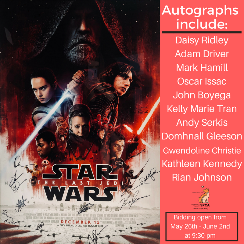 RVSPCA's tweet photo. At Puppy Love Ball, on June 2, we will be offering an ORIGINAL Star Wars: The Last Jedi film poster, size 27” x 40,” in our silent auction. This poster has been signed by the cast &amp; crew. The auction will be held on https://t.co/aUsKtHOxnU. #starwars #maythe4th #maytheforth https://t.co/8ySsNQq03L