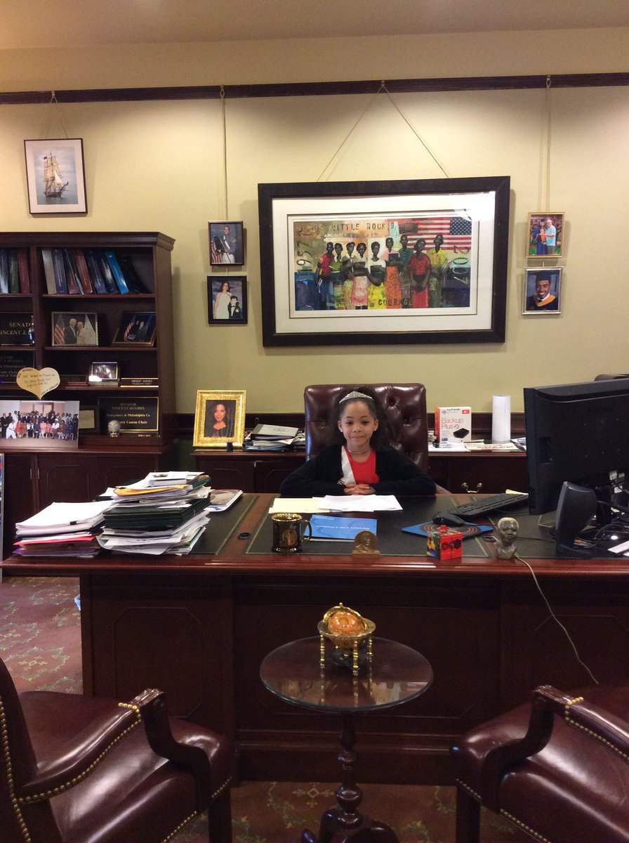 KIWKIARRA's tweet photo. Here is #POWER #PURPOSE and #VISION. Look at me sitting behind        Senator Hughes desk at the PA State Capitol. I am determined to #BreakTheSickleCycle #KickingItWithKiarra #ChildAmbassador #SCDvictories https://t.co/NTyYU0HaSY