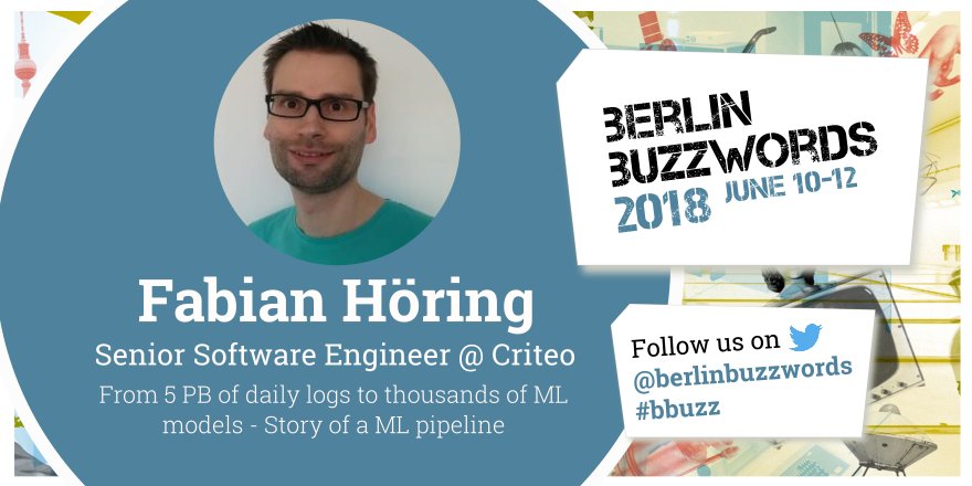 berlinbuzzwords's tweet photo. Machine learning can be used to determine which ads to display to the right user at the right time. Fabian Höring presents @criteo's ML pipeline which reads 5 PB of logs to train and deploy several thousands models a day, https://t.co/M6uvhuTzeR https://t.co/wqOc72D67g