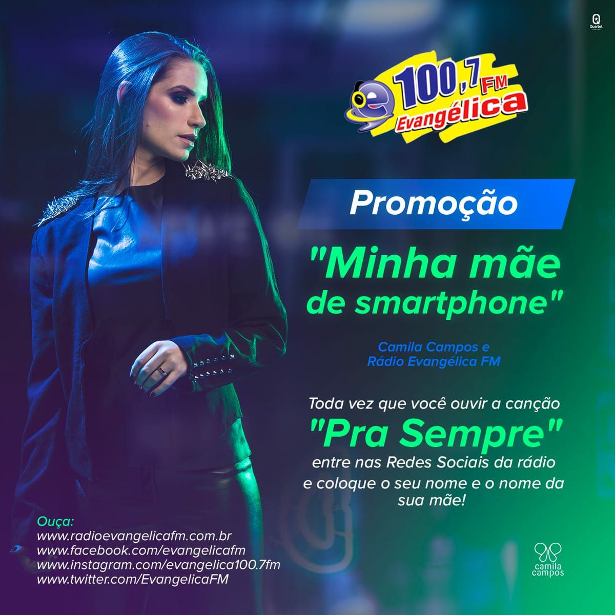 Quer faturar um smartphone pra sua mãe? Iremos sortear 2, um para cada mãe. Quando ouvir a música "PRA SEMPRE" da cantora CAMILA CAMPOS, anote o dia e a hora, deixe o nome completo da sua mãe. O sorteio será dia 30/05 com participantes daqui, Facebook, instagram e whatsapp.