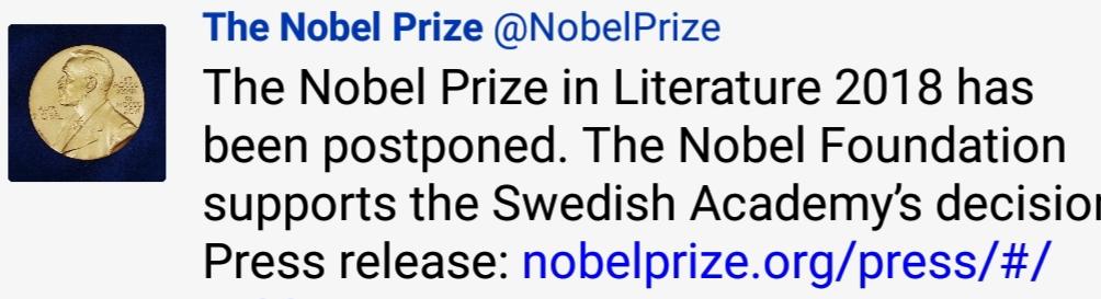 AGuergachi's tweet photo. Pas de Nobel de Littérature en 2018. Scandale qui secoue l'Académie de Suède. Et ce biais, de + en + net depuis quelques 20 ans, à ne choisir que des lauréats déjà traduits en suédois. #NobelPrize #Litterature https://t.co/wBIXgFoXBQ