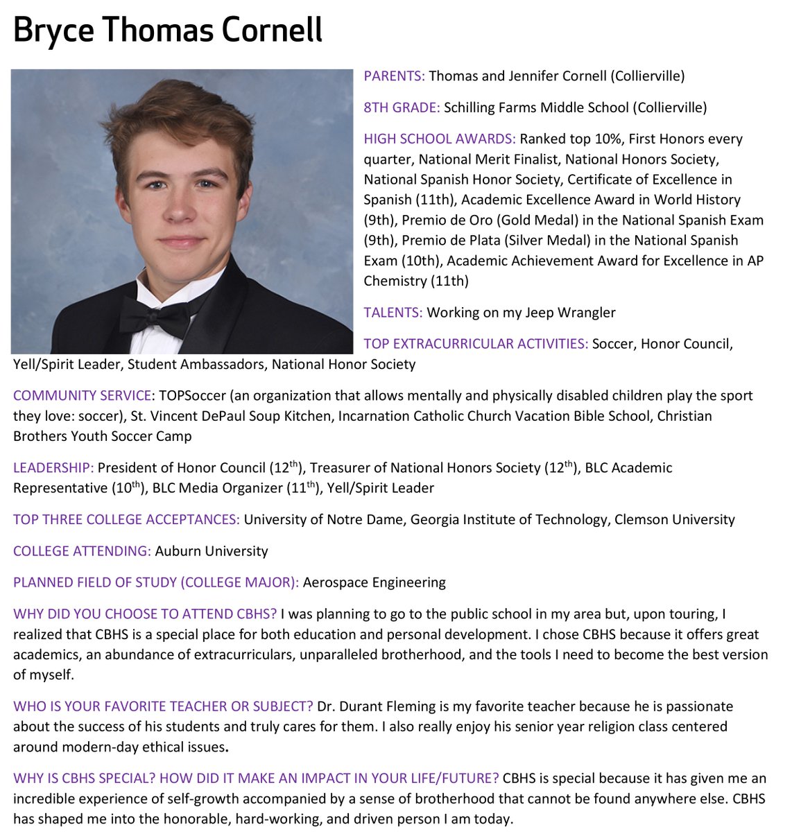 CBHSMemphis's tweet photo. CBHS Class of 2018 - A Salute To Excellence
TODAY'S STUDENT PROFILE - Bryce Cornell
https://t.co/I78tFr1CgR … … … … … @CBHSParent @CBHSAlumni @CBHSadmissions @CBHSCounseling @CBHSAthletics @BrothersSoccer https://t.co/XFsQ3mCOxF