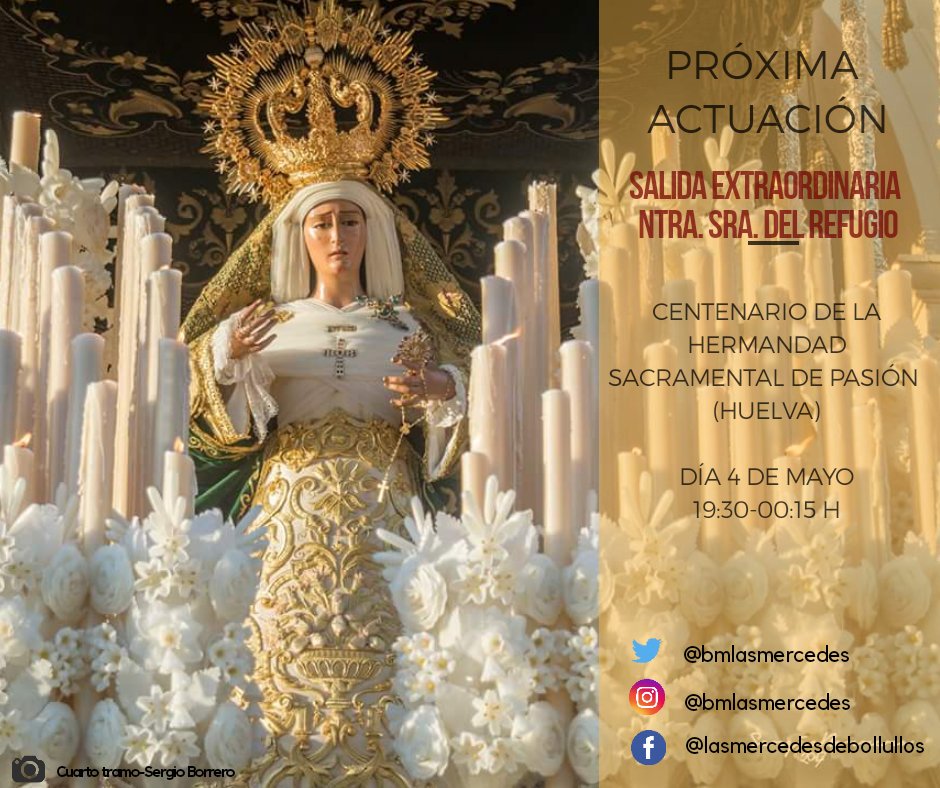 📆PRÓXIMO EVENTO🎼 La <a href="/BMlasMercedes/">BM Las Mercedes de Bollullos</a> acompañará en la tarde de hoy a Ntra. Sra. Del #Refugio de la Hermandad Sacramental de <a href="/Pasion_Huelva/">Hermandad de Pasión</a> 
🎺🎷Os esperamos en #SanPedro a las 19:30h. 🎺🎷 #100añosdePasión #SuenaLasMercedes #PasióndeHuelva