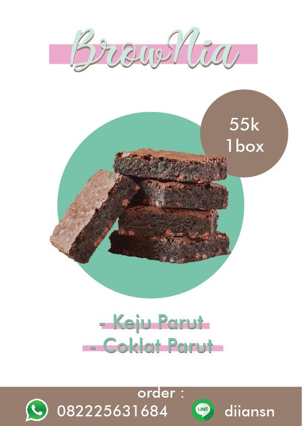 #BrowNia adalah produk baru dari Aino's Cookies😎
Kami akan buka P.O ke 1 mulai malam ini - Jum'at 11 Mei 2018.
Yg ingin COD di FX bisa hari sabtu/minggu.
Tersedia topping Coklat dan Keju😎
Ah iya khusus untuk BrowNia hanya untuk wilayah Jabodetabek🙁, so ayoo dipesan sekarang!!!