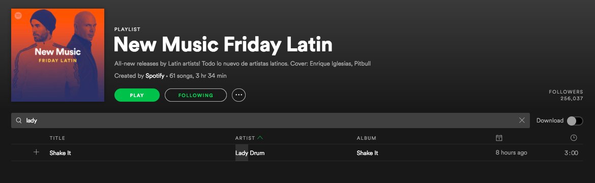 Shake it de Lady Drum  en #Playlist Music Friday Latin <a href="/Spotify_LATAM/">Spotify LATAM</a> <a href="/Topplaylists/">Top Playlists</a> open.spotify.com/track/4lZ6z7AE…