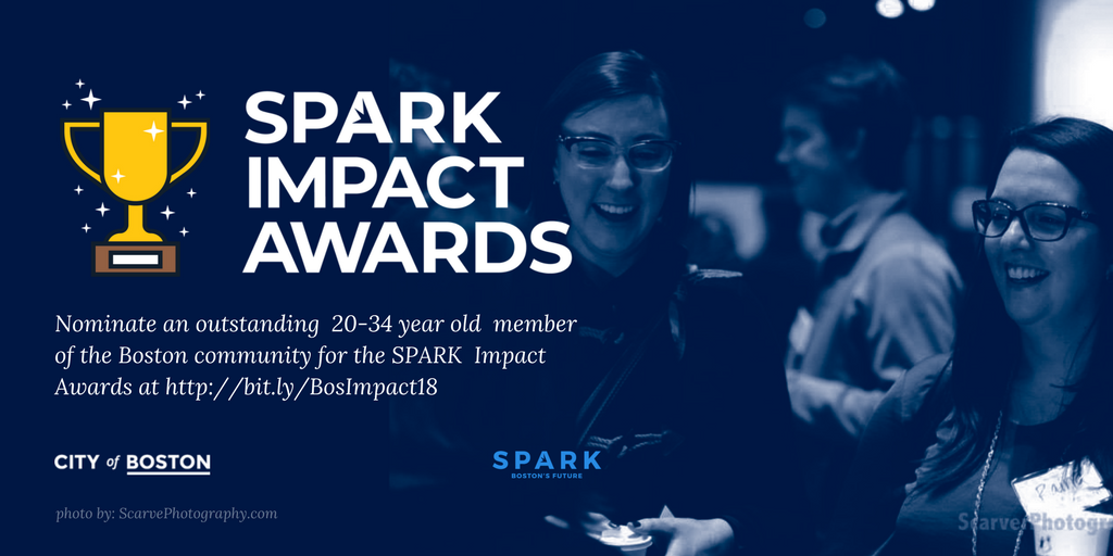 SparkBoston's tweet photo. #Boston is the “City of Champions” in more ways than one. Who are the exceptional Millennial champions in your field? Nominate them to be recognized at the #SPARKBoston Impact Awards for their contributions to the city! Read more &amp; submit yours by 5/18. https://t.co/SZUqJyAN0r https://t.co/e3keG7CHeg
