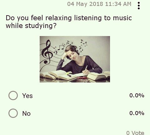 pollview's tweet photo. Do you find listening to music while studying relaxing?
1) Yes
2) No
#polls #poll #pollview #pollviewapp #music #study #song #eminem #ladygaga #MusicMonday #MusicBlog #MusicBlog https://t.co/Xptsskcfcc