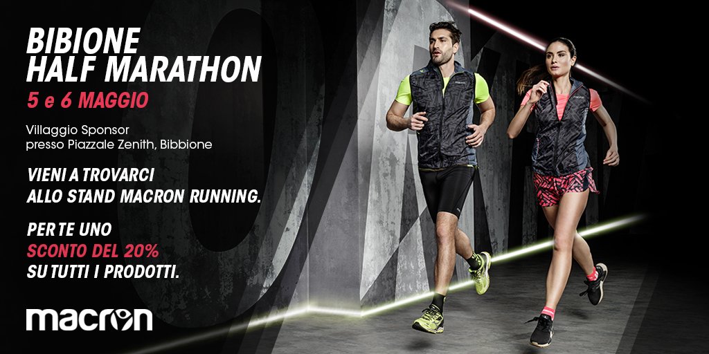 MacronSports's tweet photo. Il 5 e il 6 Maggio vieni a Trovarci allo stand Macron Running al villaggio Sponsor presso il piazzale Zenith a Bibione in occassione della Bibione Half Marathon. Per te uno sconto del 20% su tutti i prodotti e molte altre sorprese. #WorkHardRunHarder @BibioneHM https://t.co/jkkEEtREVq