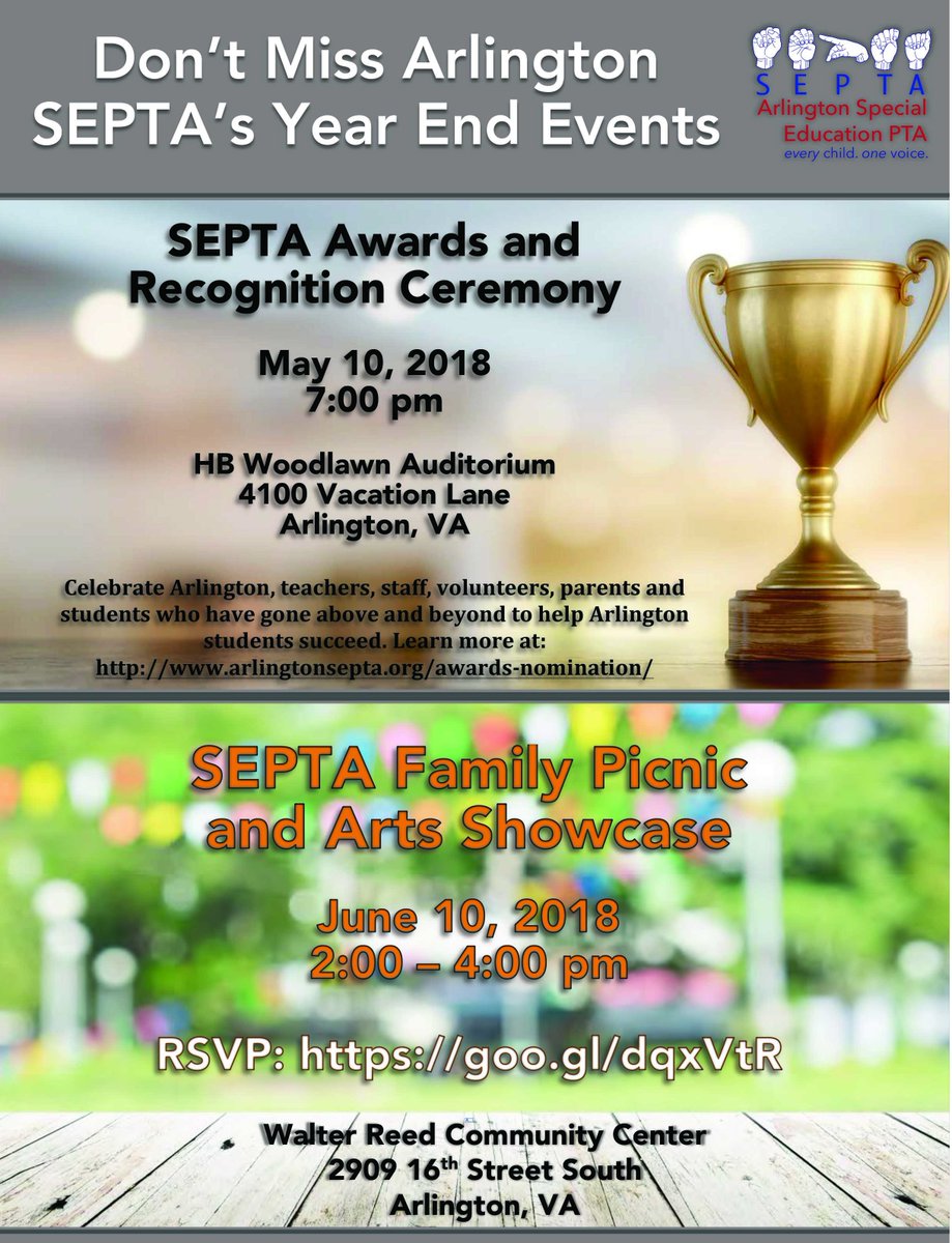 ArlingtonSEPTA's tweet photo. Please join us to celebrate all the nominees at our Awards and Recognition Ceremony.  Thursday, May 10 at 7:00pm @HBWProgram auditorium. @BestBuddiesWHS1 @BestBuddiesYHS @DiscoveryAPS @TuckahoeAP @ECSE_IS_Reed @BarrettAPS @SwansonAdmirals @APS_ATS @CIS_APS @APSDrew @drewmodelpta https://t.co/noC9MsHr9x