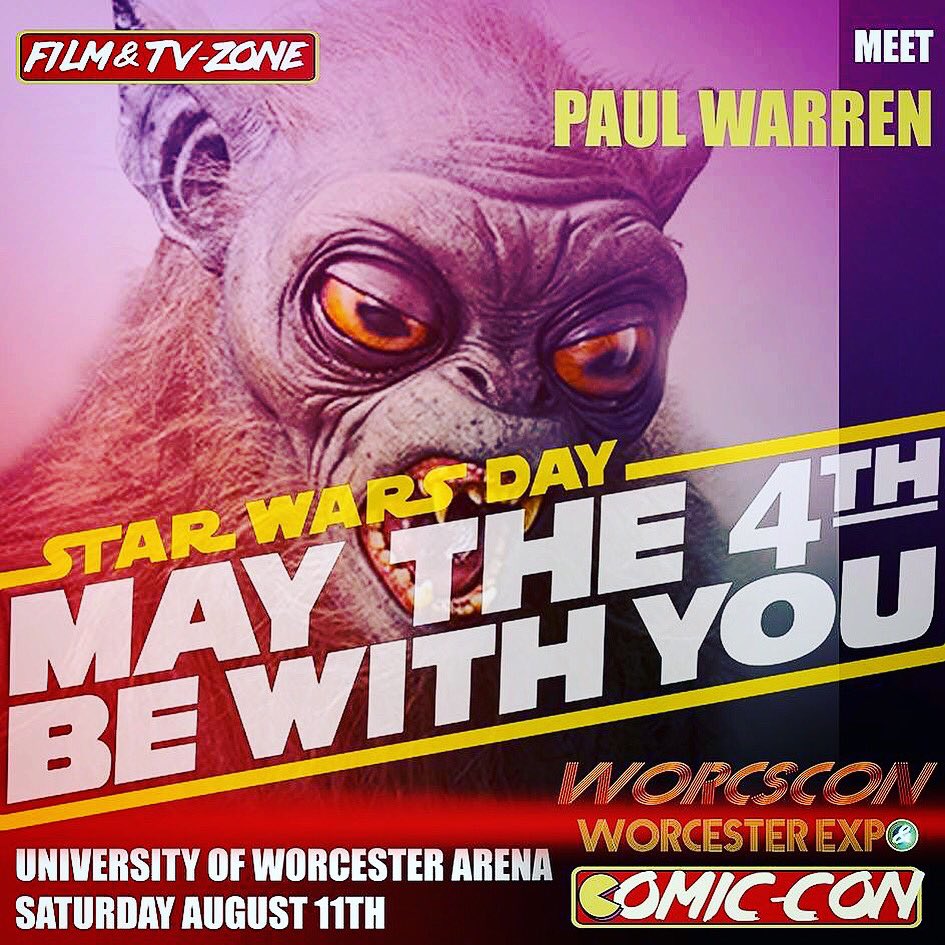 worcscon's tweet photo. May the 4th be with You!
We are pleased to say we will be joined by PAUL WARREN! Paul appeared in both Episodes of Star Wars Franchise as Varmik in 'The Force Awakens' &amp; the Dowager Alien in 'The Last Jedi'. #MayThe4BeWithYou #worcscon #comiccon #august11th #worcester #worcs https://t.co/l1Eb8Tw11t