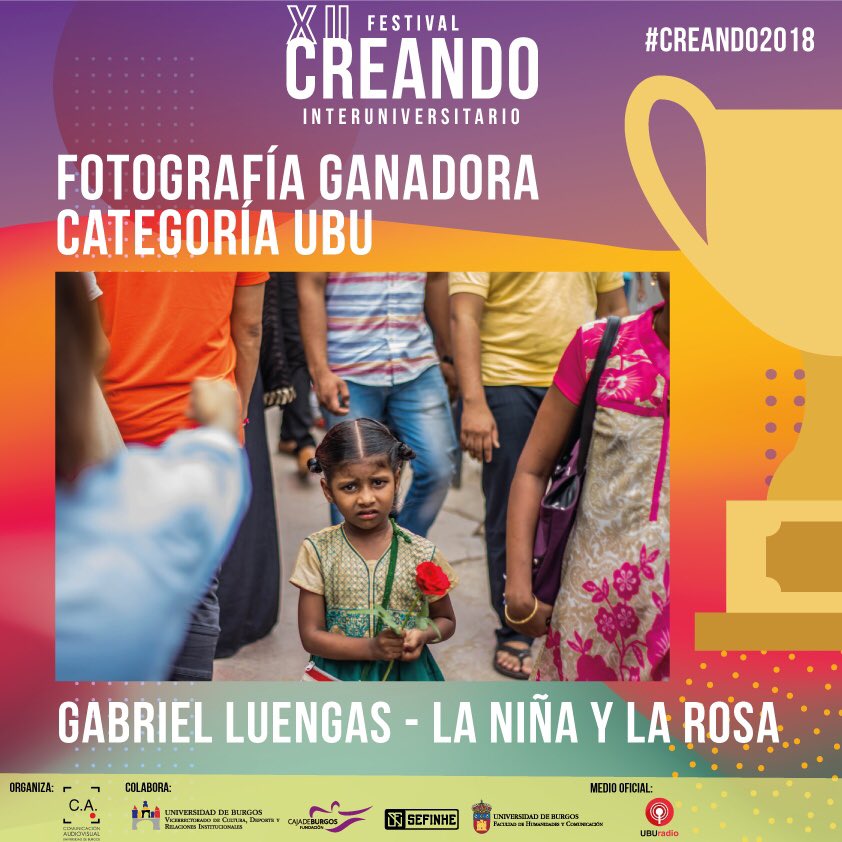 festivalcreando's tweet photo. ¡Enhorabuena a Gabriel Luengas! Su fotografía “La niña y la rosa” gana en la categoría UBU #Creando2018. https://t.co/Jw9uyIglJ8