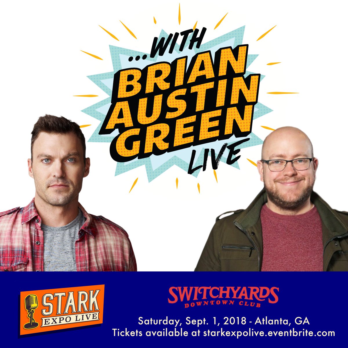 withBAGpod's tweet photo. We’re on a mission from God. 
Get your tickets now to @StarkExpoLive - even if you’re unable to attend, proceeds benefit @generosity! Join @withBAGpod &amp; @wdrussell in Atlanta! #BrianAustinGreen #MeganFox #DerekRussell #StarkExpoLive #BeverlyHills90210 https://t.co/0KOynMV61V https://t.co/UOX8VHLm4F