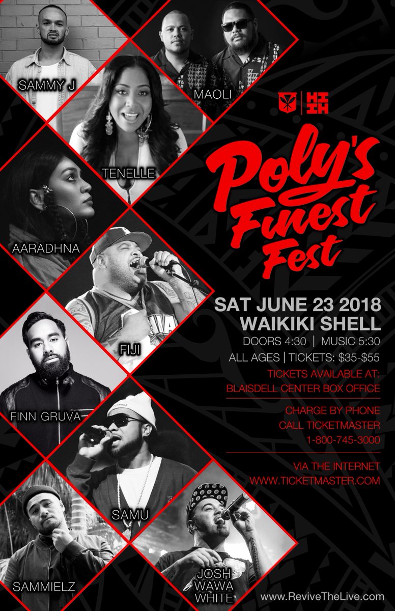 SHOW ANNOUNCEMENT:  Poly's Finest Fest announces performances by Fiji, Sammy J, Aaradhna, Maoli, Finn Gruva, Sammielz, Josh "Wawa" White, Samu, &amp; Tenelle on Saturday, June 23, 2018 at 5:00 PM at the Waikiki Shell!  Tickets go on sale today at 9AM.  bit.ly/polysfinestfes…
