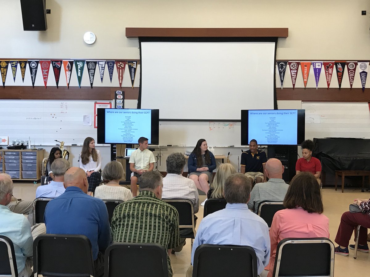 PennCharter's tweet photo. Seniors tell OPCs on #OPCweekend about their #PCseniorcomp including the (very difficult!) process of finding and landing an internship. Some are going to two places! mayors office + tech startup, university + orthopedic practice. https://t.co/bWPlL4XtjC