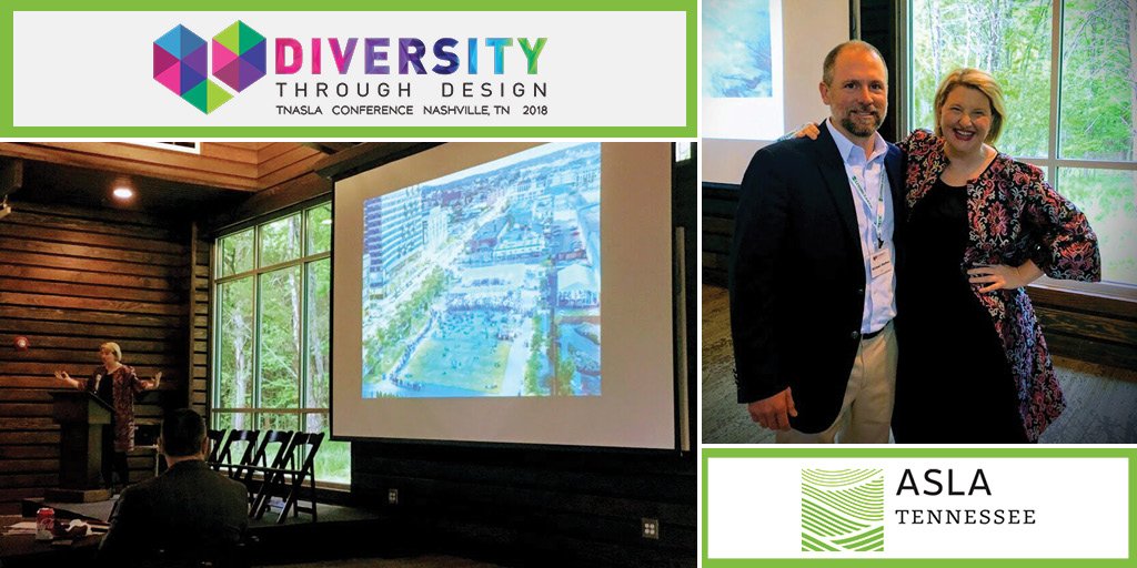 A2H_design's tweet photo. Our own @mshelton_asla enjoying a presentation by @agency_landplan Principal Gina Ford on “Designing for Resilience, Equity, and Democracy” at this year’s @TennesseeASLA 2018 Conference. https://t.co/EHNVm4ZJtE