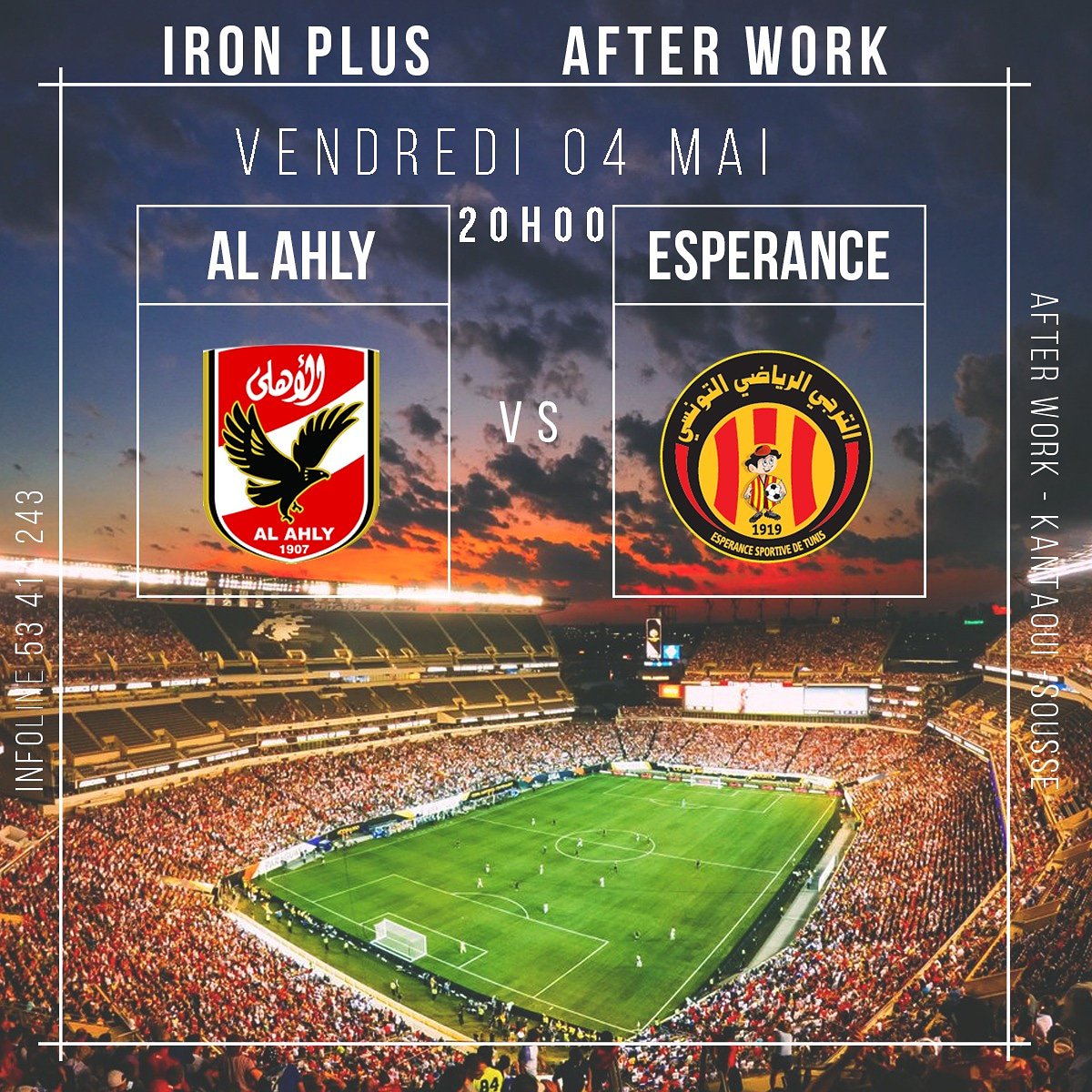 IronPlusbar's tweet photo. On se voit ce soir pour suivre un match de la Champions League Africaine de haut Niveau

#Ahly 🇪🇬 | #Esperance 🇹🇳
À 20h
Au IRON Plus. https://t.co/gAbMg0nq8V