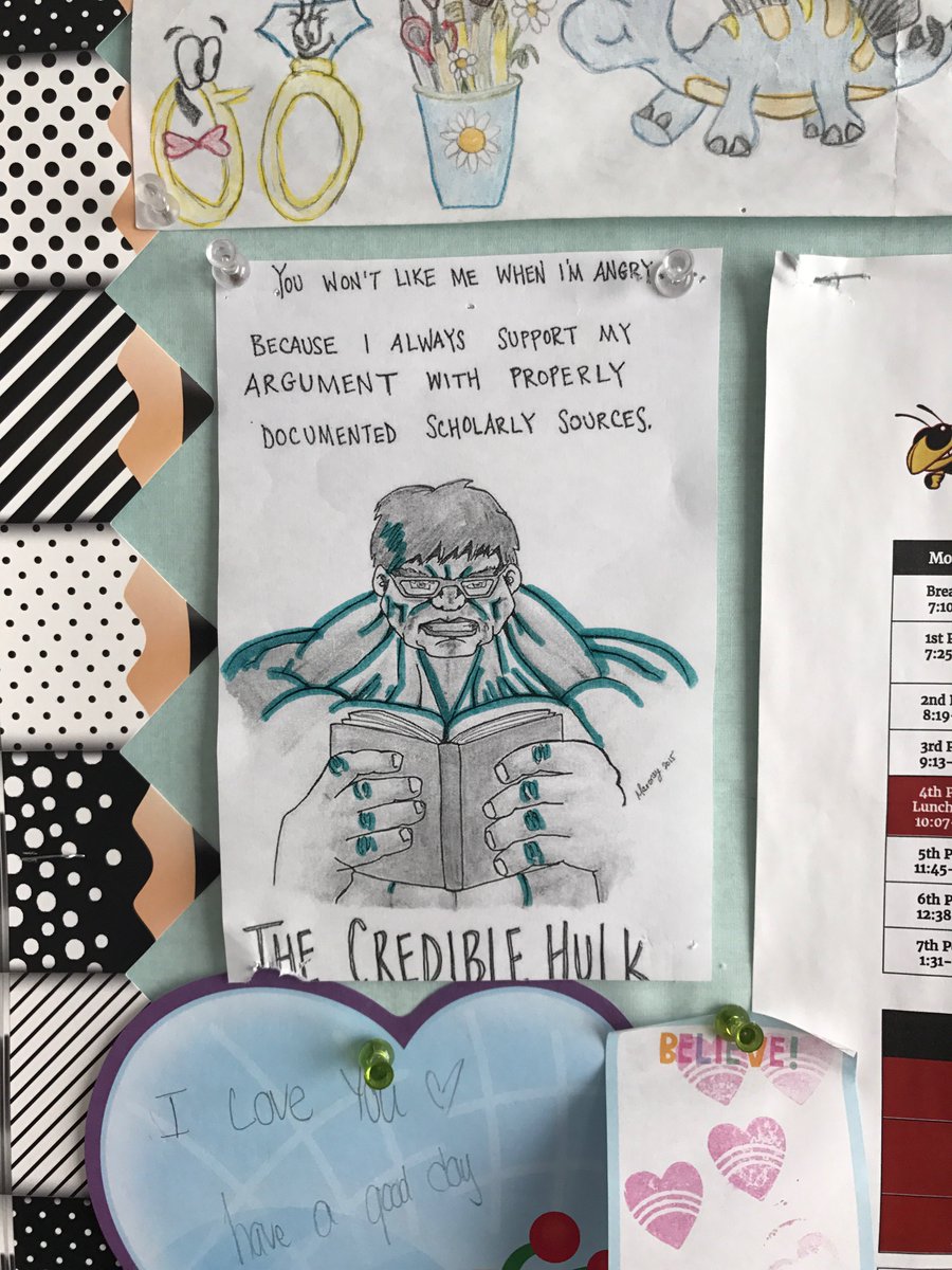 ThinkCERCA's tweet photo. Friday feels, courtesy of #TheCredibleHulk:

"You won't like me when I'm angry...
Because I ALWAYS SUPPORT MY ARGUMENT WITH PROPERLY DOCUMENTED SCHOLARLY SOURCES."

💪📝@mrscurrent https://t.co/OWWglqpuDa
