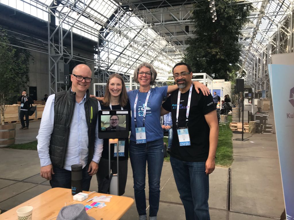 benballjr's tweet photo. I was able to use a #k8sbot for 30m to check out the floor at #kubecon + #cloudnativecon! I went and visited my team first, given our steep history with robot overlords supplanting us in things like pancake making. Had some fun selfie interactions along the way! @thenewstack https://t.co/UrCQAVx9bt