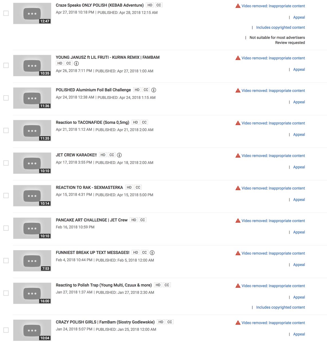 JetPtv's tweet photo. @YouTube  what just happened?!
Literally 90% of our videos have been suddenly removed!!!! I hope it's some sort of bug?! https://t.co/6NeB8BjjbM