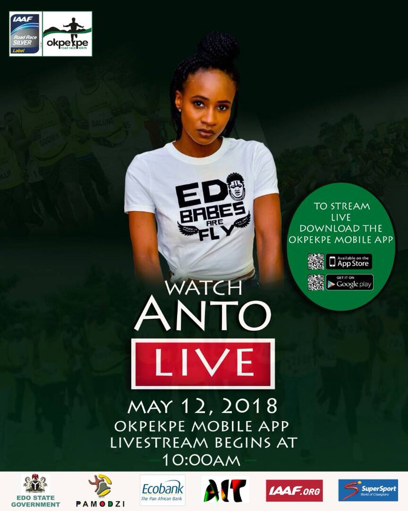 AntoLecky's tweet photo. Edo State! Your favorite babe is coming home!

I’ll be running for awareness of the Girl Child at the @OkpekpeRoadRace on Saturday, 12 May. Come cheer me on or watch the event live from the mobile app!

Watch this space to see where else I’ll be when I’m around! https://t.co/yJmJC3V7wT