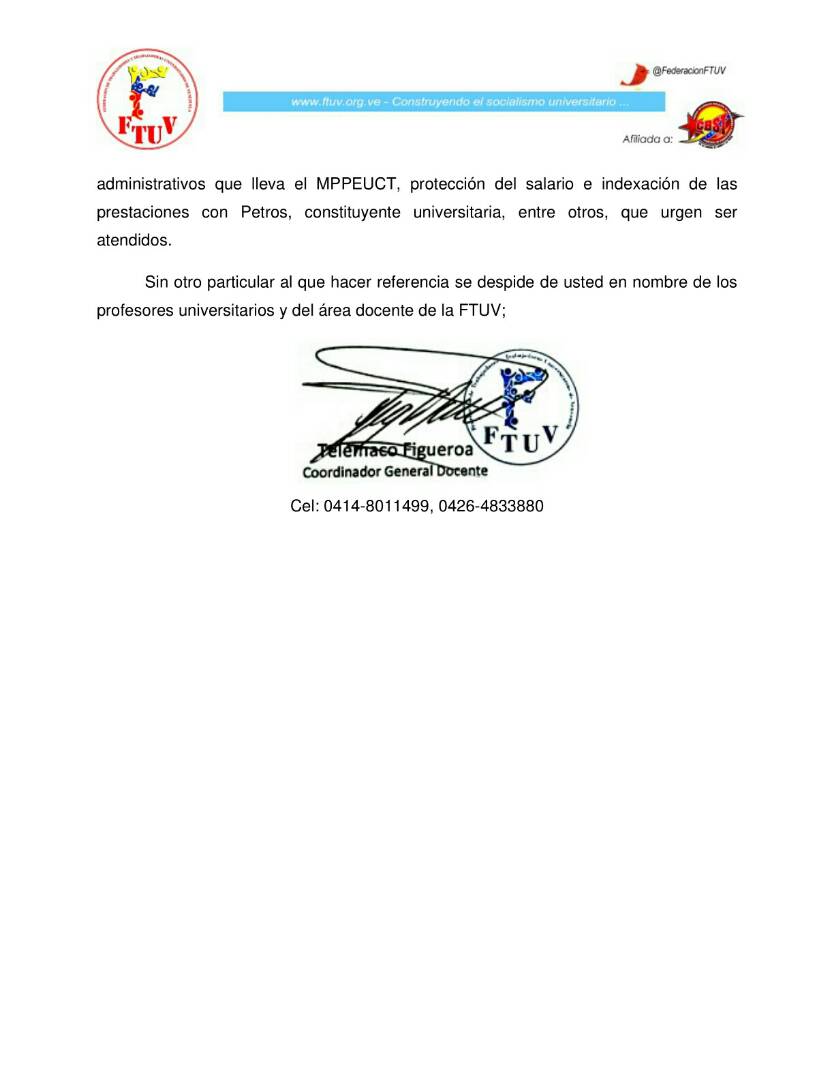 FederacionFTUV's tweet photo. Los profesores universitarios de la @FederacionFTUV se dirigen al Presidente @NicolasMaduro para pedir su intervención directa en favor de los trabajadores universitarios. #VamosNicoDileSiAlosUniversitarios Acompáñanos:  @hugbelpsuv @JauaMiranda @TareckPSUV @TELEMACOFIGUE https://t.co/tz8q9VJCPN