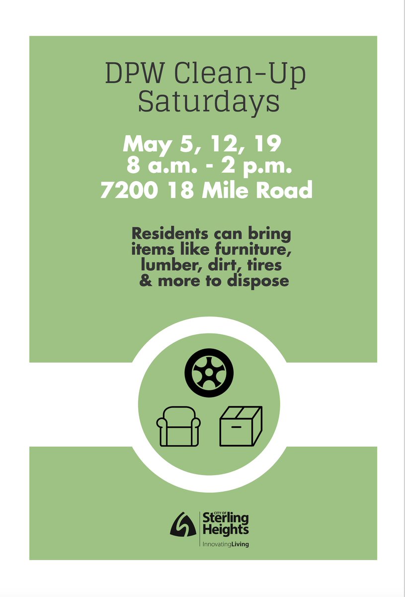 sterlingheights's tweet image. Today's the first of three Clean Up Saturdays! Clean out the basement and bring the junk to the DPW today from 8am-2pm bit.ly/2Jjbbjc