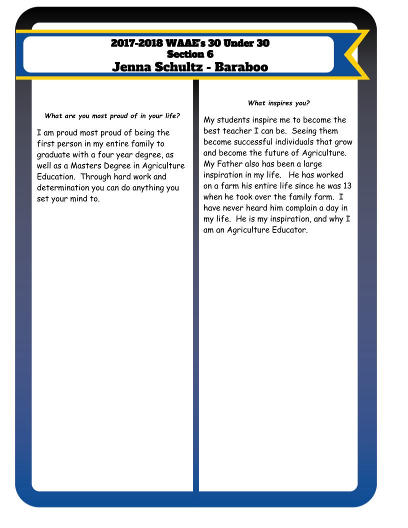 30 Under 30: Jenna Schultz, has a great message in her "work/life blend" section: "Everyone is different, and to everyone there is a different blend. It's just a matter of finding what works for you, and if it doesn't work do something about it." #WAAEBeyondtheClassroom