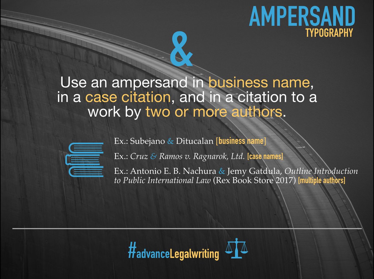 AlizedneyD's tweet photo. Lesson 6: AMPERSAND
Use an ampersand in business name, in a case citation, and in a citation to a work by two or more authors.
#Typography #AdvanceLegalWriting
@thecorpusjuris
@Abogado_PH
@YourLawyerSays https://t.co/u54TEo45As