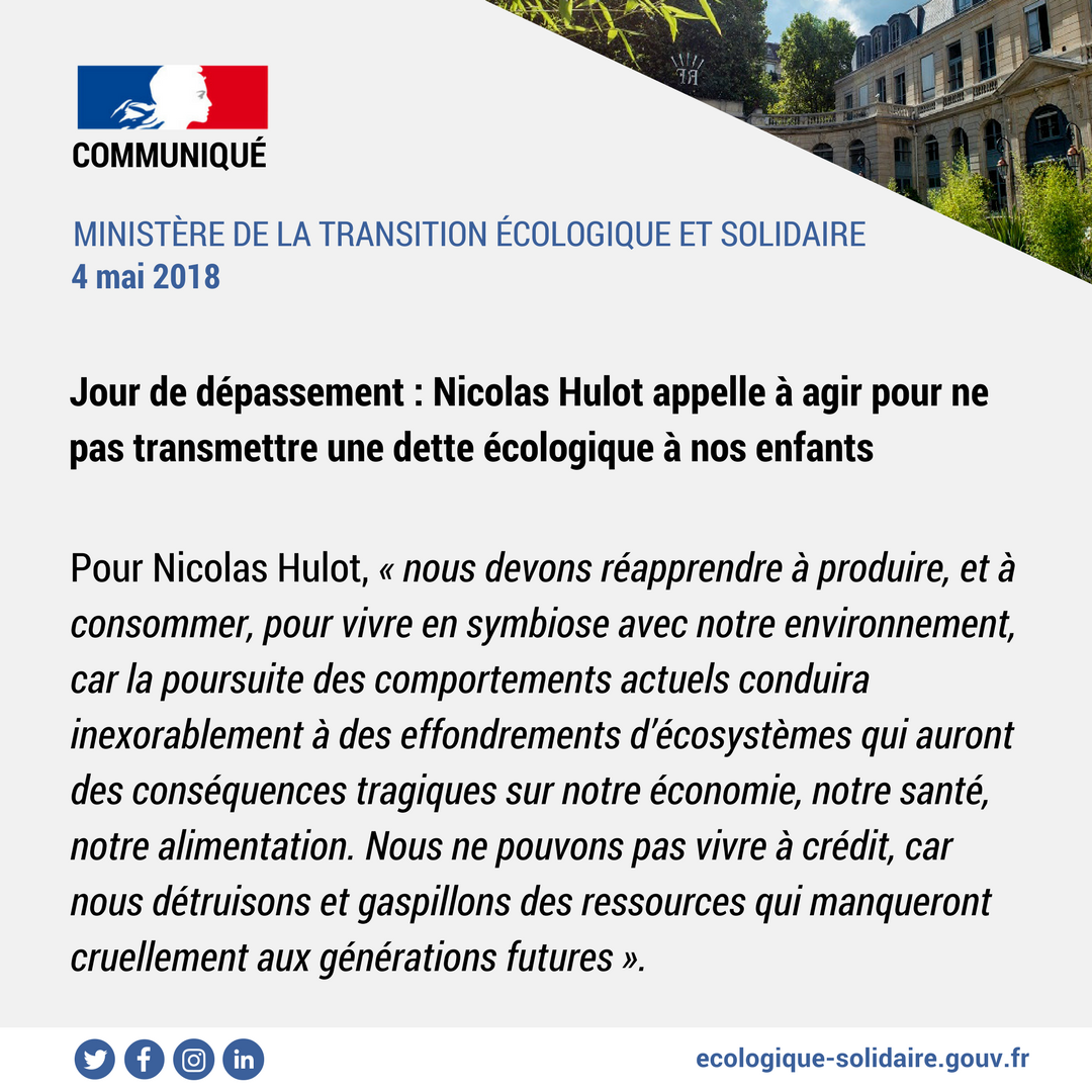 Ecologie_Gouv's tweet photo. 🌱 COMMUNIQUÉ |

#JourDeDépassement : @N_Hulot appelle à agir pour ne pas transmettre une dette écologique à nos enfants

👉 https://t.co/1XeZagmkv1 https://t.co/lgCmmb6h0p