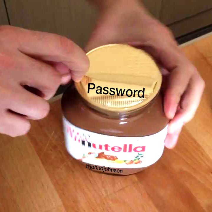 johndjohnson's tweet image. Maybe instead of setting your password to Nutella, @NutellaGlobal could make up for their promoting a weak password by printing random strings of letters/numbers/special characters on the inside of every jar. Or a competitor could... #WorldPasswordDay