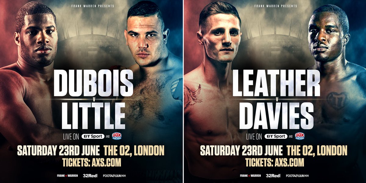 FrankWarren's tweet photo. CONFIRMED:
Heavyweight sensation @DynamiteDubois takes on @tomnotsolittle for the Vacant English Heavyweight title on the #SaundersMurray undercard @TheO2 on June 23 and undefeated Super-Lightweight @joshleather91 faces @OharaDavies‼️
Tickets: https://t.co/4IRHOKWa82 https://t.co/sCbQb2apCq