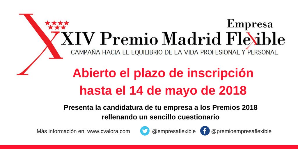 ¿Todavía no has presentado a tu empresa a los #PremiosMadridEmpresaFlexible de este año? No esperes más, inscribe la candidatura antes del 14 de mayo, rellenando este sencillo cuestionario ➡ bit.ly/2IYrYHq