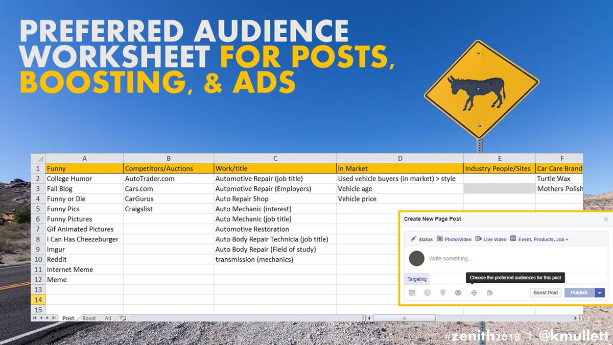 kmullett's tweet photo. Save time and hassle by keeping notes of your preferred Facebook audiences for posts, boosts, and ads. Here's a free worksheet download, I showed @ZenithDuluthCon using a car dealer as rough example. Grab it ยป https://t.co/qLa2WyRpx4 #Zenith2018 https://t.co/1qfIUVxVIZ