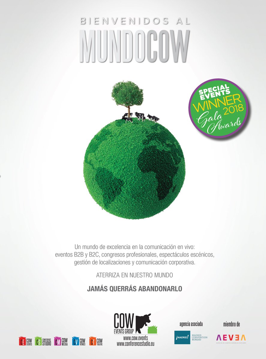 CowEventsGroup's tweet photo. Our latest ad....welcome to the world of Cow.

#coweventsgroup #conferencestudio #aevea #eventoplus #eventprofs #meetingplanner #miceesector #micespain #worldofcow https://t.co/UfYaYsxDjm