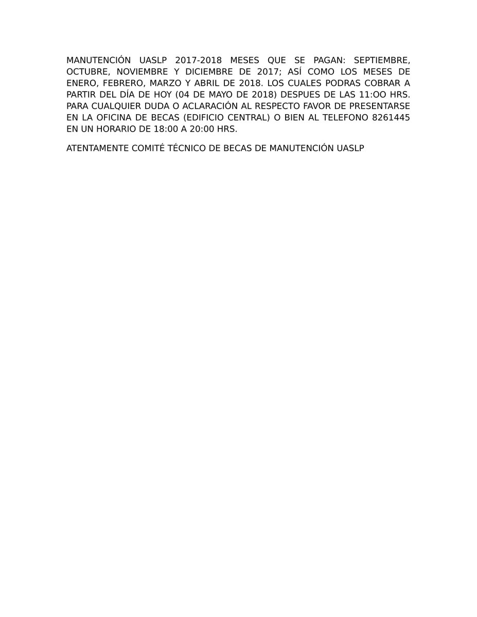 PUaslp's tweet photo. ALUMNOS BECADOS CON BECA DE MANUTENCIÓN DE LA UASLP PARA EL CICLO ESCOLAR 2017-2018 ANEXO ENCONTRARAN LOS PORMENORES DE LO QUE SE ESTA PAGANDO DE SU BECA EL DÍA DE HOY. ATTE. COMITÉ TÉCNICO DE BECAS DE MANUTENCIÓN AL INTERIOR DE LA UASLP https://t.co/smvM0ZvOOd